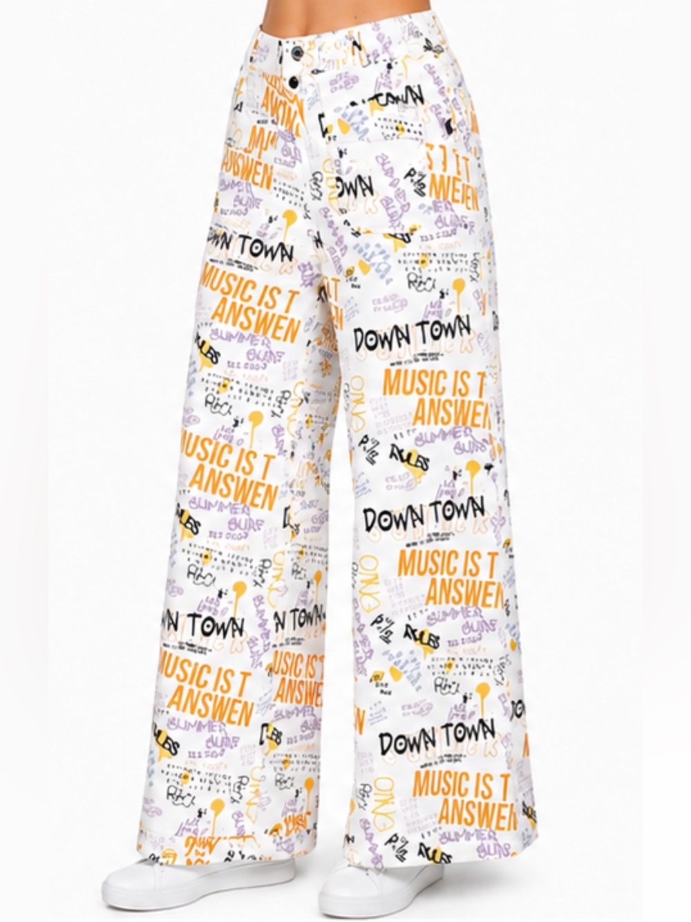 Jodifl White Graphic Denim Elastic Back Waist Pockets - Music Summer Theme
